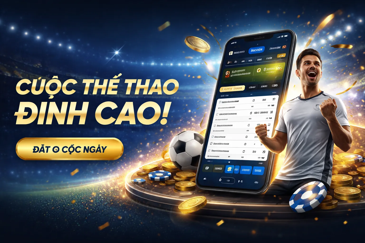 Sân vận động với trận đấu bóng đá đang diễn ra, ánh đèn rực rỡ và khán giả cuồng nhiệt, thể hiện không khí cá cược thể thao sôi động tại Sbotop Live Casino.